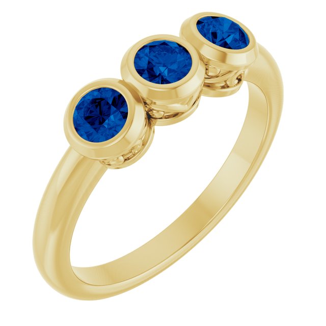 14K Yellow Lab-Grown Blue Sapphire Three-Stone Bezel-Set Ring     